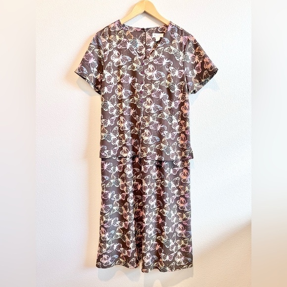 Christopher & Banks Butterfly Print Dress Size 14 Brown Pink Purple Layered Look - Picture 1 of 11